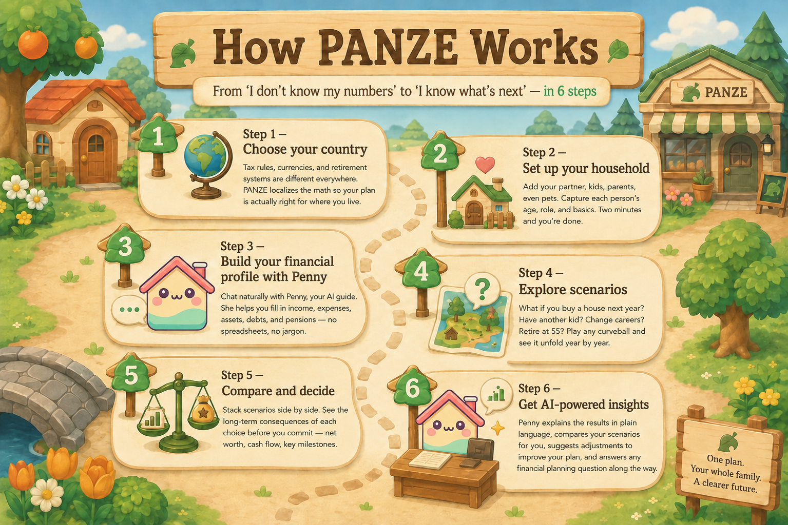 How PANZE works in 6 steps: choose your country, set up your household, build your financial profile with Penny, explore scenarios, compare and decide, and get AI-powered insights.